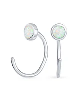 Bling Jewelry Minimalist Round White Created Opal Huggie Geometric Non-Piercing Helix Cartilage Conch Bezel Band Wrap Ear Cuff Earringss .925 Sterling