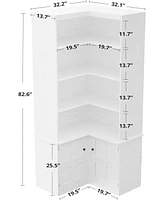 Corner Bookshelf with Doors, 6 Tier Bookcase with Storage