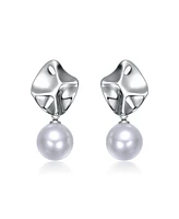 White Gold Plated with Round Pearl Modern Abstract Drop Earrings