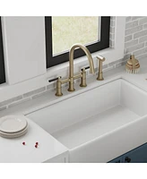 Double Handle 4-Holes Deck Mount Bridge Kitchen Faucet with Side Sprayer Sink Faucet 360 Swivel Spout in Brushed Gold