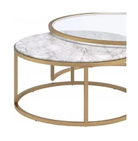 Set of Two 36" Clear White And Gold Glass Faux Marble And Iron Round Nested Coffee Tables