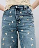 Mango Women's Flower-Embroidered Wide Leg Jeans