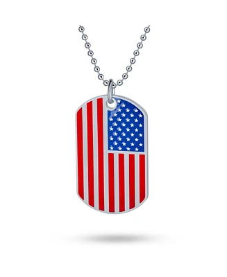 Bling Jewelry Patriotic Flag Star Dog Tag Pendant Necklace in Red White Blue Stripes