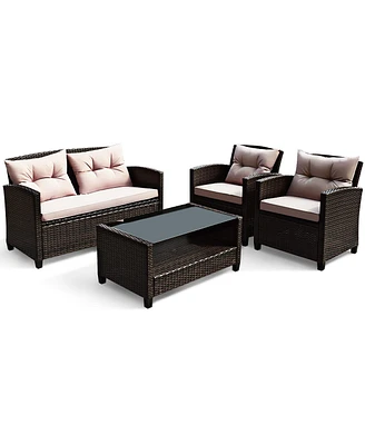 Gymax 4PCS Outdoor Rattan Furniture Set Cushioned Patio Sofa Set