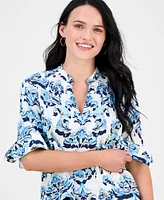 Jm Collection Petite Floral-Print Split-Neck Cuffed-Sleeve Top, Exclusively at Macy's