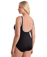 Shape Solver Sport by Mimi Flamingo Women's Shirred-Side Zip-Up One-Piece Swimsuit
