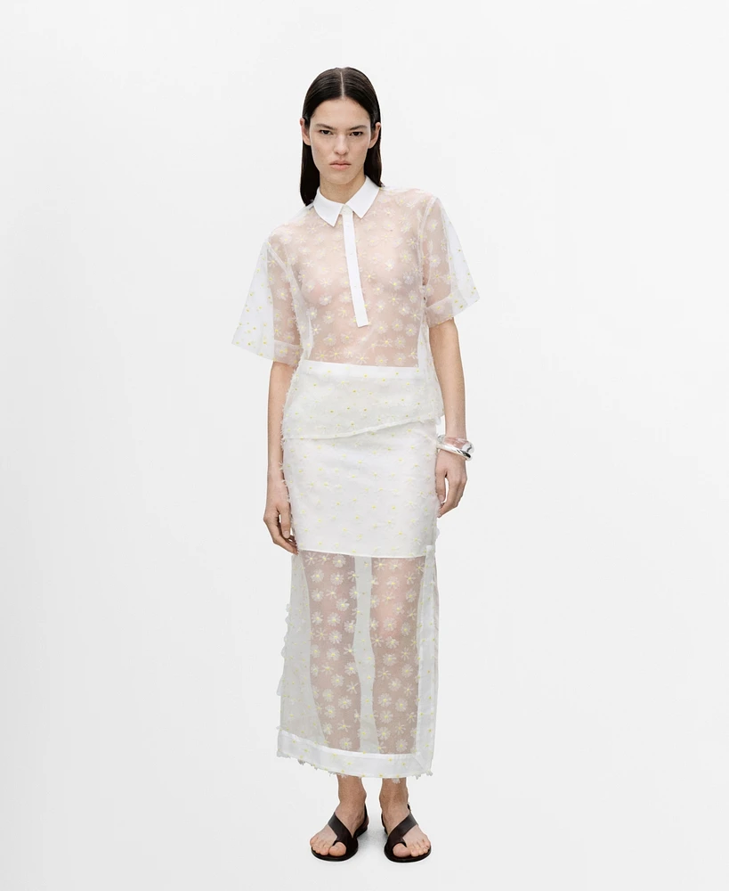 Mango Women's Floral Embroidered Semi-Transparent Shirt