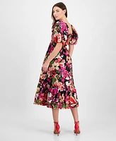 Anne Klein Women's Smocked Puff-Sleeve Floral Midi Dress