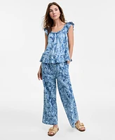 Nautica Jeans Women's Palm-Print Sleeveless Shoulder-Ruffle Top