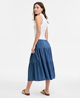 Nautica Jeans Womens Cotton Collared Sleeveless Sweater Three Tier Chambray Midi Skirt