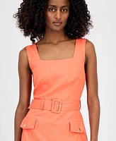 Tahari Asl Petite Square-Neck Belted Sleeveless Dress