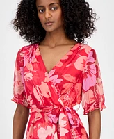 Tahari Asl Petite Printed Tie-Waist Chiffon A-Line Dress