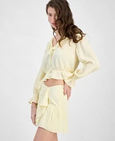 Guess Womens Long Sleeve Button Front Shaelo Top Shaelo Gauze Mini Skirt