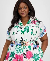 Tahari Asl Plus Printed Belted Midi Shirtdress