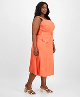Tahari Asl Plus Square-Neck Belted Midi Dress