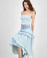 Guess Womens Nikki Denim Tie Back Cropped Top Tanya Layered Denim Maxi Skirt