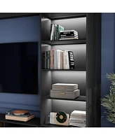 The Tv stand with nine cabinets for up to 75-inch TVs, an entertainment center with two light strips, and a black wooden media console