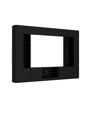 The Tv stand with nine cabinets for up to 75-inch TVs, an entertainment center with two light strips, and a black wooden media console