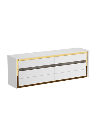 Tv stand with 6 drawers, media console with gold frame, white wooden entertainment center