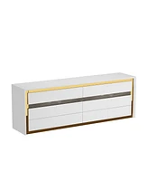 Tv stand with 6 drawers, media console with gold frame, white wooden entertainment center