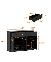 Shoe cabinet in black wood, shoe rack with 2 drawers and four doors and metal handles