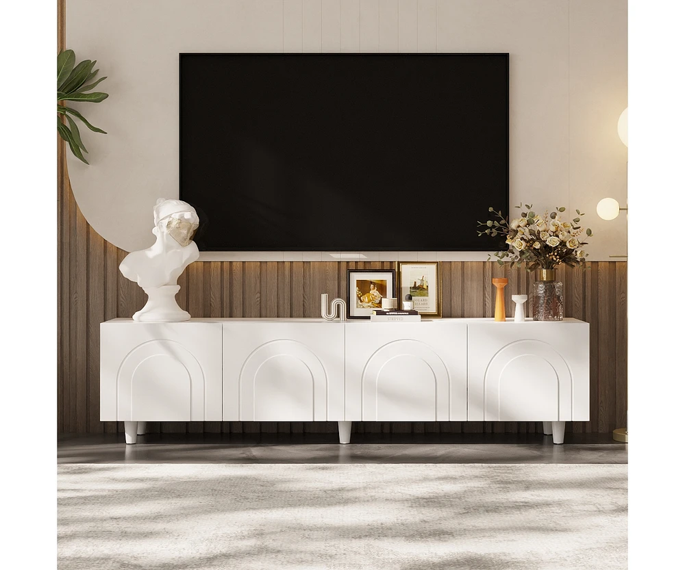 Tv stand with 4 cabinet doors, media console with six legs, white wooden entertainment center