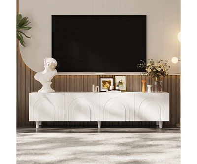 Tv stand with 4 cabinet doors, media console with six legs, white wooden entertainment center