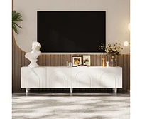 Tv stand with 4 cabinet doors, media console with six legs, white wooden entertainment center