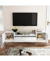 White Tv stand with two drawers and two doors, entertainment center with light strip, media console with drain box