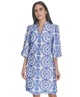 Jessica Howard Women's Embroidered 3/4-Sleeve A-Line Cotton Dress