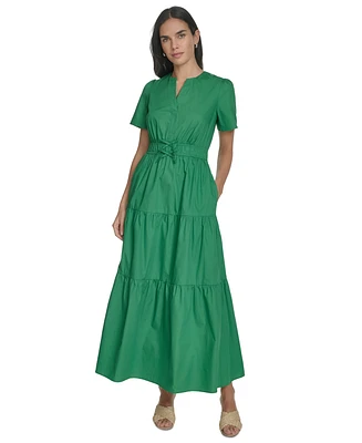 Jessica Howard Women's Cotton Tiered Split-Neck Maxi Dress