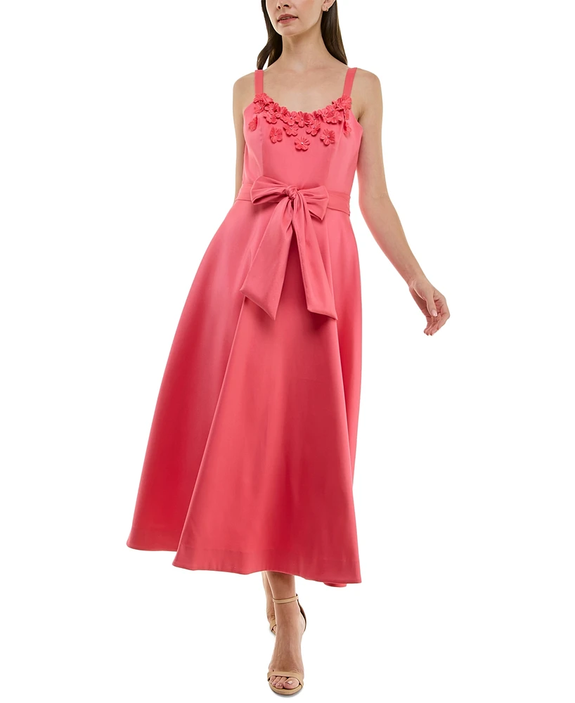 Taylor Women's Floral-Trim Bow-Waist Midi Dress