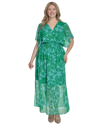 Jessica Howard Plus Printed Chiffon Flutter-Sleeve Maxi Dress