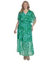 Jessica Howard Plus Printed Chiffon Flutter-Sleeve Maxi Dress