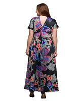 24seven Comfort Apparel Plus V-Neck Empire Waist Cap Sleeve Maxi Dress