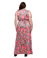 24seven Comfort Apparel Plus Print V-Neck Empire Waist Sleeveless Maxi Dress
