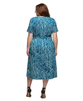 24seven Comfort Apparel Plus Print Short Sleeve Tie Waist Midi Dress