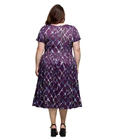 24seven Comfort Apparel Plus Print Short Sleeve Pleated Flare Midi Pocket Dress