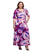 24seven Comfort Apparel Plus Print Elbow Sleeve Casual A-Line Maxi Dress