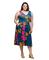 24seven Comfort Apparel Plus Midi Length Print Sleeveless Pleated Pocket Dress