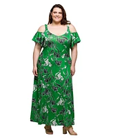 24seven Comfort Apparel Plus Cold Shoulder Ruffle Sleeve A-Line Maxi Dress