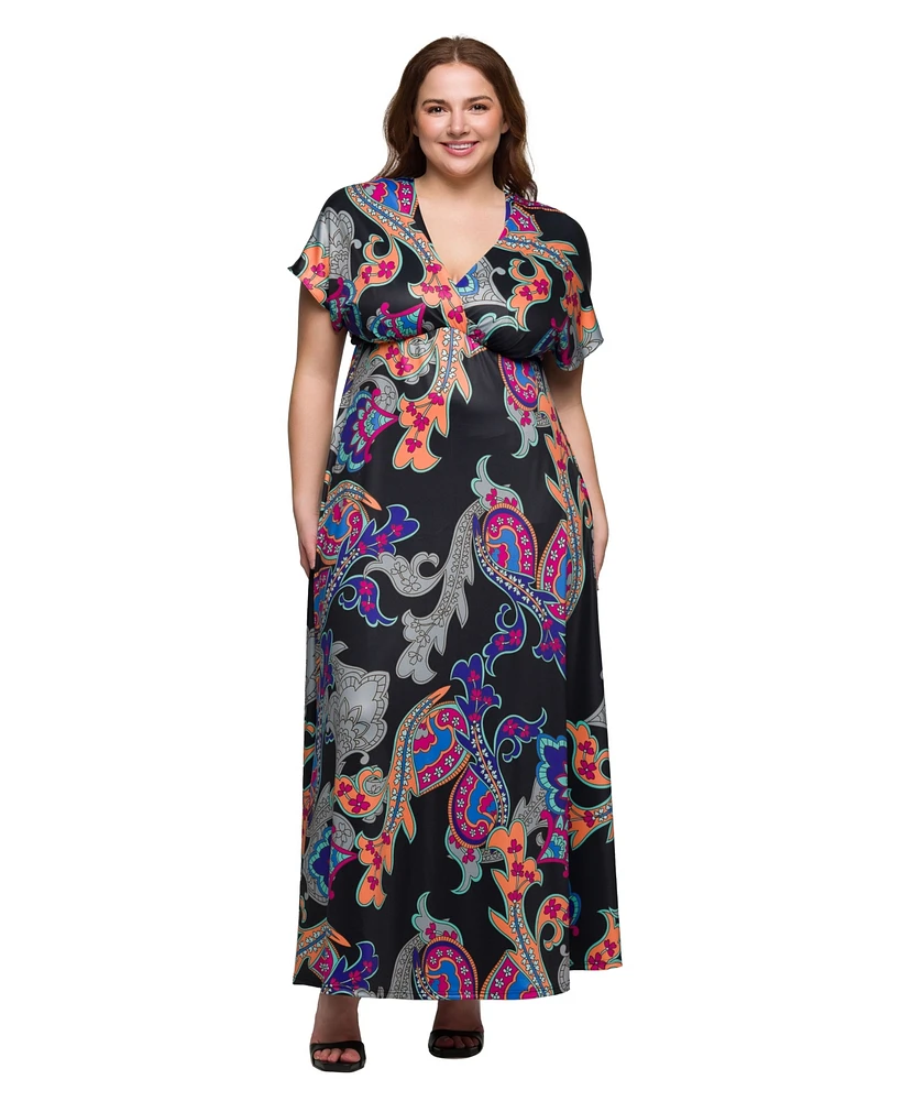 24seven Comfort Apparel Plus V-Neck Empire Waist Cap Sleeve Maxi Dress