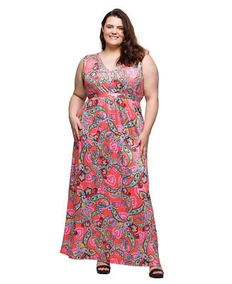 24seven Comfort Apparel Plus Print V-Neck Empire Waist Sleeveless Maxi Dress