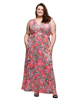 24seven Comfort Apparel Plus Print V-Neck Empire Waist Sleeveless Maxi Dress