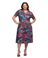 24seven Comfort Apparel Plus Print Short Sleeve Tie Waist Midi Dress