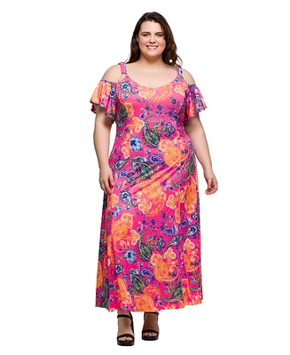 24seven Comfort Apparel Plus Cold Shoulder Ruffle Sleeve A-Line Maxi Dress