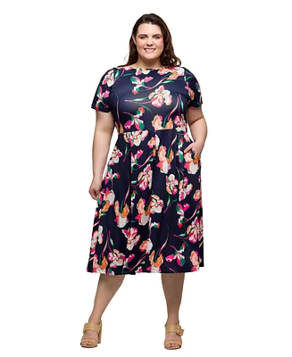 24seven Comfort Apparel Plus Short Sleeve Pleated Flare Midi Pocket Dress