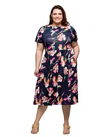 24seven Comfort Apparel Plus Short Sleeve Pleated Flare Midi Pocket Dress