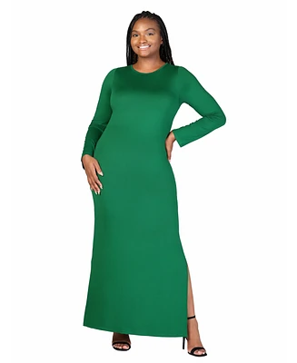 24seven Comfort Apparel Plus Long Sleeve Side Slit Fitted Maxi Dress