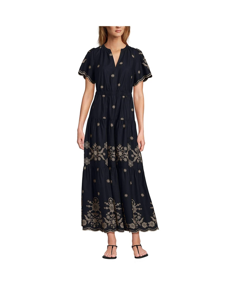 Lands' End Women's Tiered Cotton Poplin Embroidered Maxi Dress